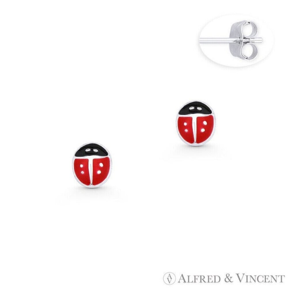 Ladybug Insect Lady-Luck Charm Stud Earrings in .925 Sterling Silver w/ Enamel